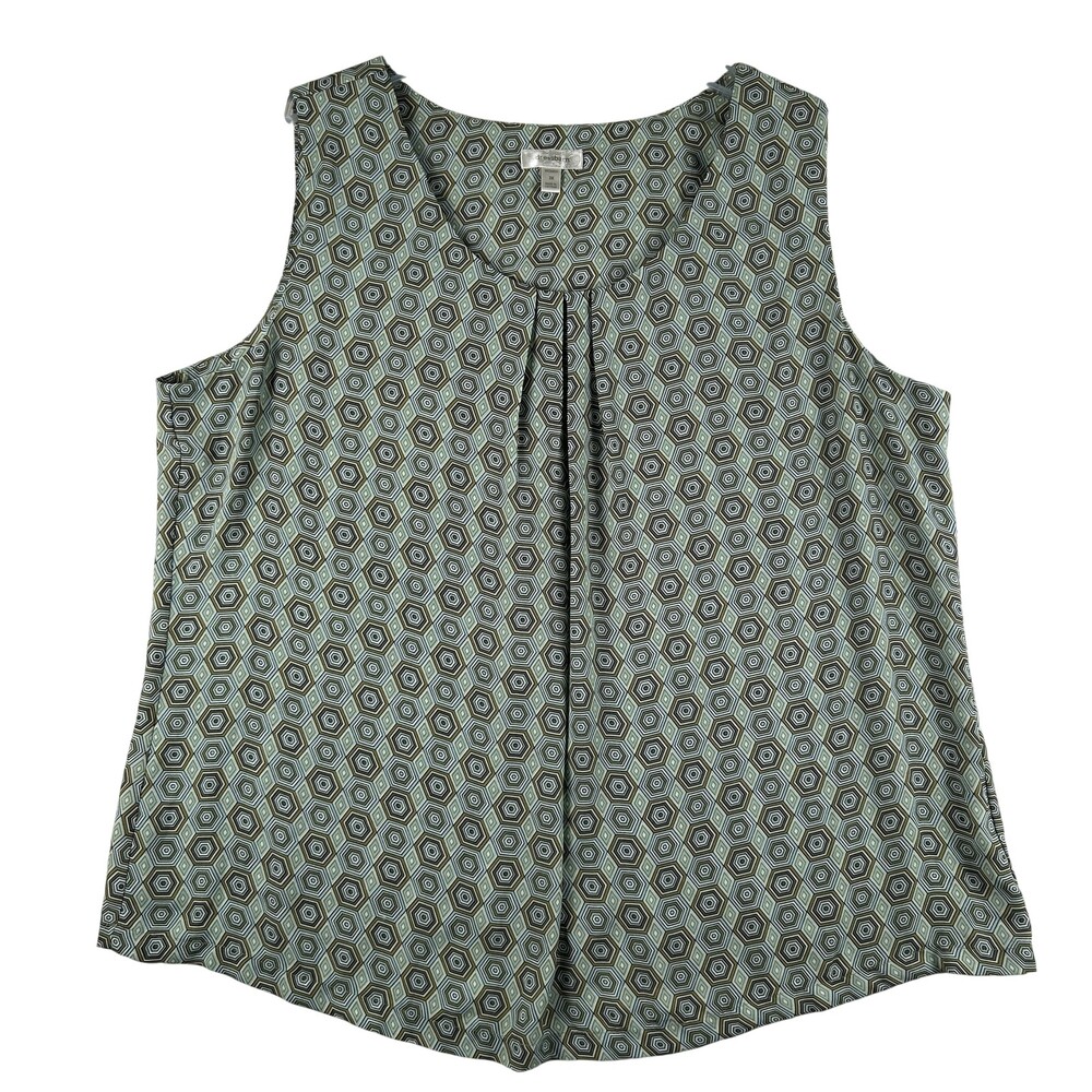Dressbarn Blouse Womens 3X Green Geometric Sleeveless Scoop Neck Pleated Top